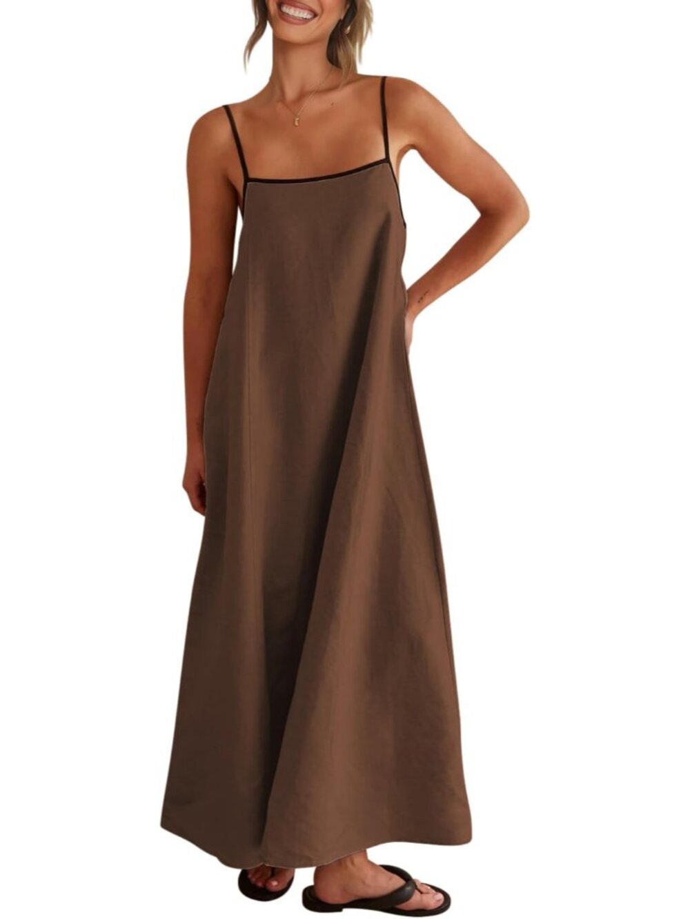 Casual Women's Linen Maxi Dress with Spaghetti Straps & Pockets